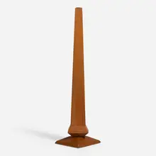 Weed vase by Frank Lloyd Wright, c. 1953, mahogany, copper-anodized aluminum, sold Oct 2025