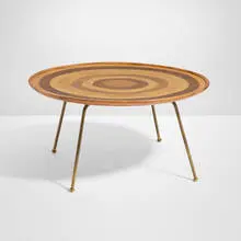 Coffee table by Giovanni (Nino) Zoncada, c. 1955, mahogany, various wood veneer, brass, sold Oct 2025