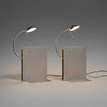 Ingo Maurer, Oskar bookend lamps, pair, 1998, anodized aluminum, painted steel, painted plastic, glass