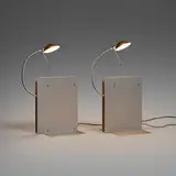 Ingo Maurer, Oskar bookend lamps, pair, 1998, anodized aluminum, painted steel, painted plastic, glass