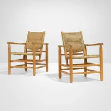 Armchairs model N. 21, pair by Charlotte Perriand, 1935, oak, paper cord, sold Oct 2025