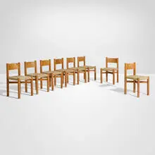 Charlotte Perriand, Dining chairs, set of eight, 1941, oak, rush