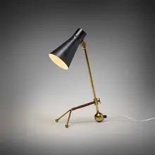 Table lamp, model K11-16 by Tapio Wirkkala, 1958, brass, enameled aluminum, leather, sold Oct 2025