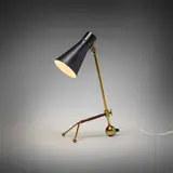 Tapio Wirkkala, Table lamp, model K11-16, 1958, brass, enameled aluminum, leather