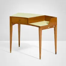 Desk from Vembi-Burroughs, Genoa by Gio Ponti, 1951, ash, ash veneer, laminate, brass, plastic, sold Oct 2025