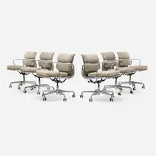 Charles and Ray Eames, Soft Pad Management chairs, set of six, 1969 / 2008, polished aluminum, upholstery, lacquered steel