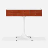 Miniature cabinet, model 5215 by George Nelson & Associates, walnut, stained ash, laminate, enameled aluminum, porcelain, sold Sep 2025