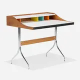 Swag Leg desk, model 5850 by George Nelson & Associates, walnut, laminate, lacquered wood, chrome-plated steel, sold Sep 2025