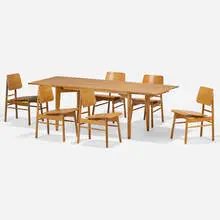 Dining suite by Greta Magnusson Grossman, c. 1952, walnut, enameled steel, sold Sep 2025