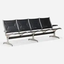 Charles and Ray Eames, Tandem Sling seating, 1962, cast aluminum, enameled aluminum, rubber, leather upholstery, plastic, vinyl