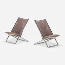 Ward Bennett, Scissor chairs, pair, 1968, chrome-plated steel, Jack Lenor Larsen upholstery