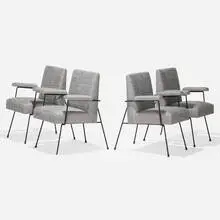 Milo Baughman, Armchairs, set of two, c. 1955, enameled iron, upholstery