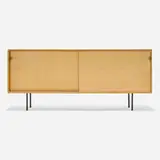 Florence Knoll, Cabinet, model 116, birch, grass cloth, enameled steel, leather
