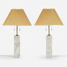 Table lamps, pair by T. H. Robsjohn-Gibbings, c. 1955, marble, brass, fiberglass shades, sold Sep 2025