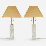 T. H. Robsjohn-Gibbings, Table lamps, pair, c. 1955, marble, brass, fiberglass shades