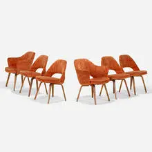 Dining chairs, set of six by Eero Saarinen, walnut plywood, Jack Lenor Larsen upholstery, sold Sep 2025