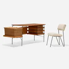 Dorothy Schindele, Desk, c. 1950, maple, woven willow, painted steel, upholstery