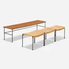 Arthur Umanoff, Low table and stools, set of three, c. 1955, maple, iron, paper cord