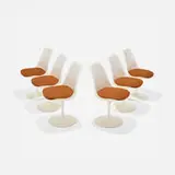 Eero Saarinen, Tulip chairs model 151, set of six, lacquered fiberglass, enameled aluminum, upholstery