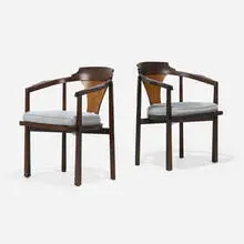 Horseshoe chairs model 935, pair by Edward Wormley, walnut, rosewood, upholstery, canvas webbing, sold Sep 2025