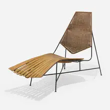 Arthur Umanoff, Chaise lounge, c. 1955, painted iron, wood, rattan
