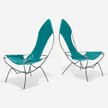 Jerry Johnson, Lounge chairs, pair, c. 1955, enameled steel, chrome-plated steel, upholstery