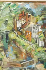 Grace Barall, VIEW OF C & O CANAL at Georgetown Lock, Washington D.C. oil on canvas