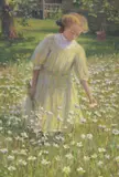 Girl Picking Daisies by American School, GIRL PICKING DAISIES, oil on canvas, sold Mar 2005