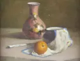 L. Crespi, Still Life with Orange and Asian Ceramics, Oil on board