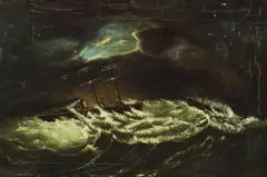 Ships on Dark Waters by Thomas Chambers, SHIPS ON DARK WATERS, oil on canvas backed by board, sold Mar 2005