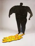 Eduardo Tokeshi, Untitled, EL HOMBRE DE LA SOMBRA DE FLORES, (THE MAN WITH THE FLOWERED SHADOW): TWO PIECES, mixed media on wood - Black-wall-sculpture: 70 in. x 50 in.; Flowered-floor-shadow: 20 in. x 54 in