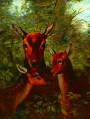 Clarence Ernest Roe, A Mother Doe with Her Fawns, Oil on canvas