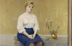 Russian School, Blond Woman with Vase of Flowers, Oil on canvas