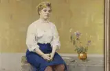 Russian School, Blond Woman with Vase of Flowers, Oil on canvas