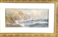 John Clarkson Uren, Untitled, SHIPS IN ROLLING SEA OFF ROCKY COAST, watercolor