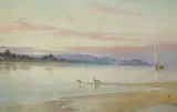 Robert Talbot Kelly, Cranes in Morning Light with a Sailboat on a River, Watercolor