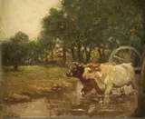 Fernand Maillaud, Ox Cart Fording a Stream, Oil on board
