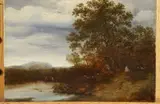 Jacob van Ruysdael, Boater on Pond with Traveler and Livestock, BOATER ON POND WITH TRAVELER AND LIVESTOCK, oil on panel