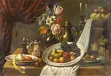 J. Snyers, Bountiful Still Life with Bouquet and Bowls of Fruit, Oil on canvas