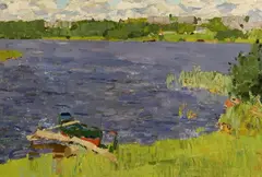 Nikolai Timkov, Rowboat by Lakeside, Oil on board - Approx: 21 in. x 29 in