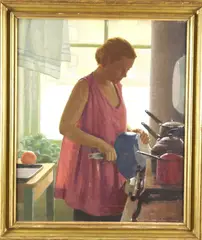 Robert Knight Ryland, Woman by Kitchen Window, Oil on canvas laid down on board
