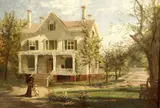 Frederic Randle, Victorian House with Family in Summer, Oil on canvas