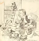 Clifford K. Berryman, Theodore Roosevelt Preparing Speeches with Reporters, Ink on paper