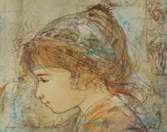 Edna Hibel, Fragment and Pastels, Mixed media on paper