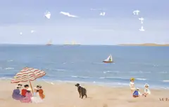 Le Ruyet, Children under umbrella with dog on beach, Oil on canvas