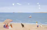 Le Ruyet, Children under umbrella with dog on beach, Oil on canvas