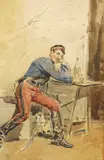 Miguel Castaño Guerrero, Soldier at Rest at Cantina, Watercolor