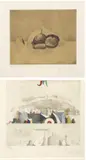 Karl Korab, ABSTRACT STILL LIFE OF FRUIT AND GEOMETRIC LANDSCAPE: TWO WORKS, the first, Hand-colored etching - Plate: 6 3/4 in. x 7 1/4 in