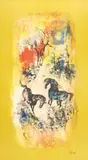 Hoi, Untitled, TWO HORSES IN WOODS, lithograph on silk
