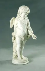 American School, VEILED CUPID FIGURE WITH ARROW IN HANDS BEHIND BACK, white marble, Included in this lot is 30 inch height antique dark marble doric column base - Height: 39 in